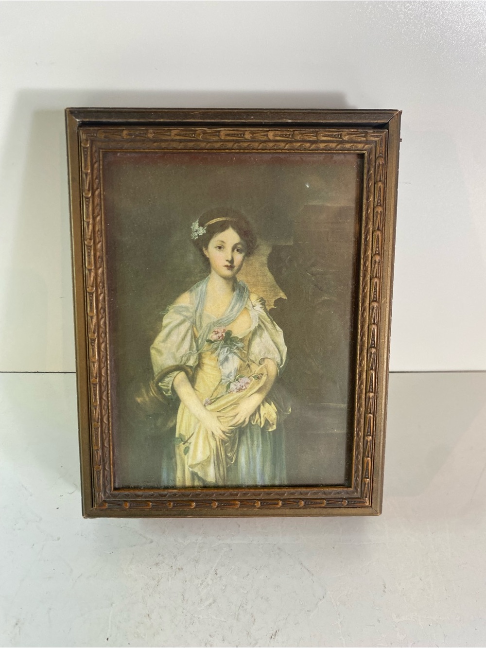 Antique 1940s Wood Carved French Portrait Print Jewelry Trinket Box